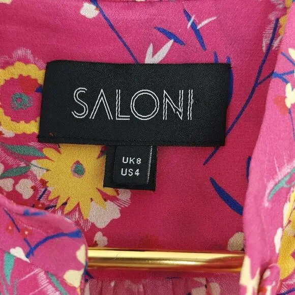 Saloni Chloe Silk Floral Blouse Top Size 4 Pink Button Front Ruffles Feminine - Picture 6 of 14